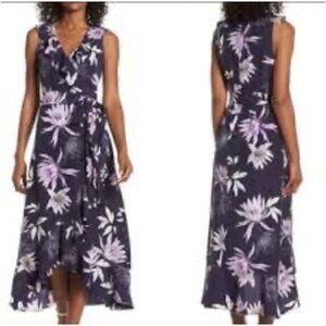 Vince Camuto Dress Purple 12 Flowy Floral V Neck Sleeveless Midi Washable
